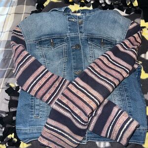 Denim Jacket with Striped Sleeves